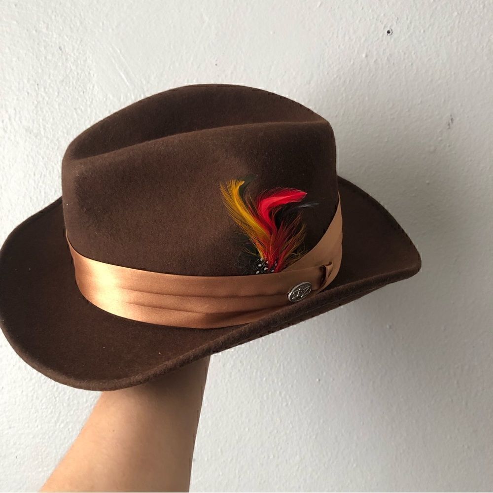 Vintage wool fedora with multi colored feathers in the satin ribbon trim